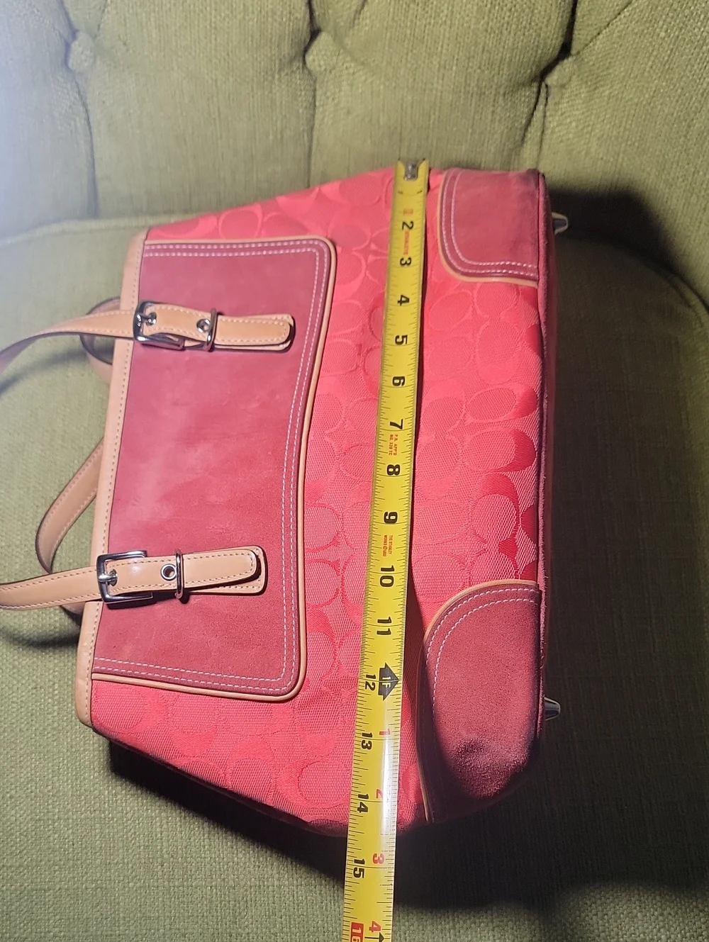 Coach Pink Signature Canvas Shoulder Tote with Beige Leather Trim